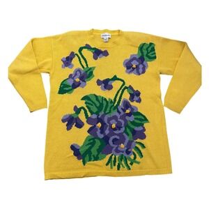 Vintage Yellow Floral Intarsia Sweater Purple Flowers Suburbans Medium